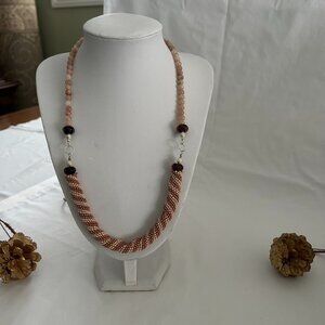 Handmade necklace, beige and brown beads, silver clasp
